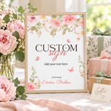 Baby in bloom baby shower custom sign in a wood frame with pink peonies and gifts