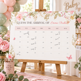 Baby in bloom due date calendar on an easel with guest names written on the dates