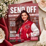 College send off invitation printable template in crimson magazine cover style with photo