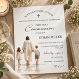 First communion invitation printable template showing Jesus walking with two children