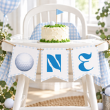 Golf hole in one ONE high chair banner on a white high chair with a smash cake