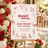 Special Delivery baby shower welcome sign on an easel at the entrance with red and cream balloons and flowers