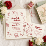 Special Delivery books for baby card tucked with the matching stork baby shower invitation on a cream envelope