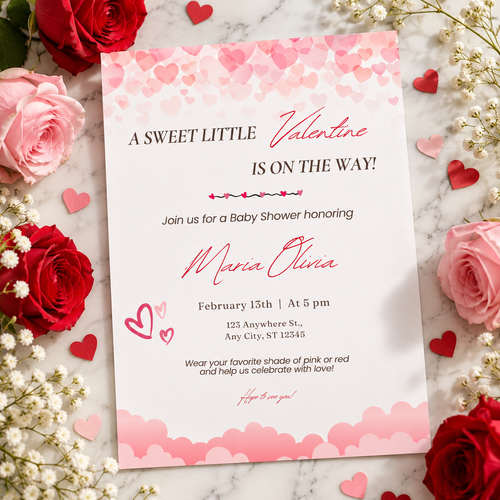 Sweet Little Valentine baby shower invitation on a marble table with red and pink roses and heart confetti