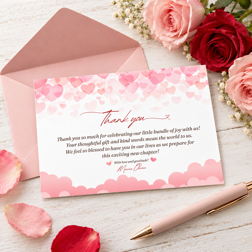 Sweet Little Valentine baby shower thank you card on a desk with a blush pink envelope, pen and pink and red roses