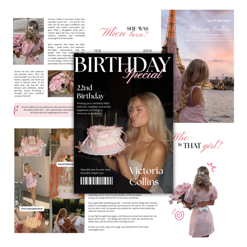 Pink coquette birthday magazine template pages with cover, about-her spread and photo collage