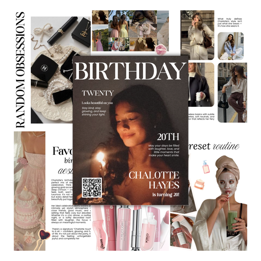 Hot girl birthday magazine printable template with editorial cover and inside spreads