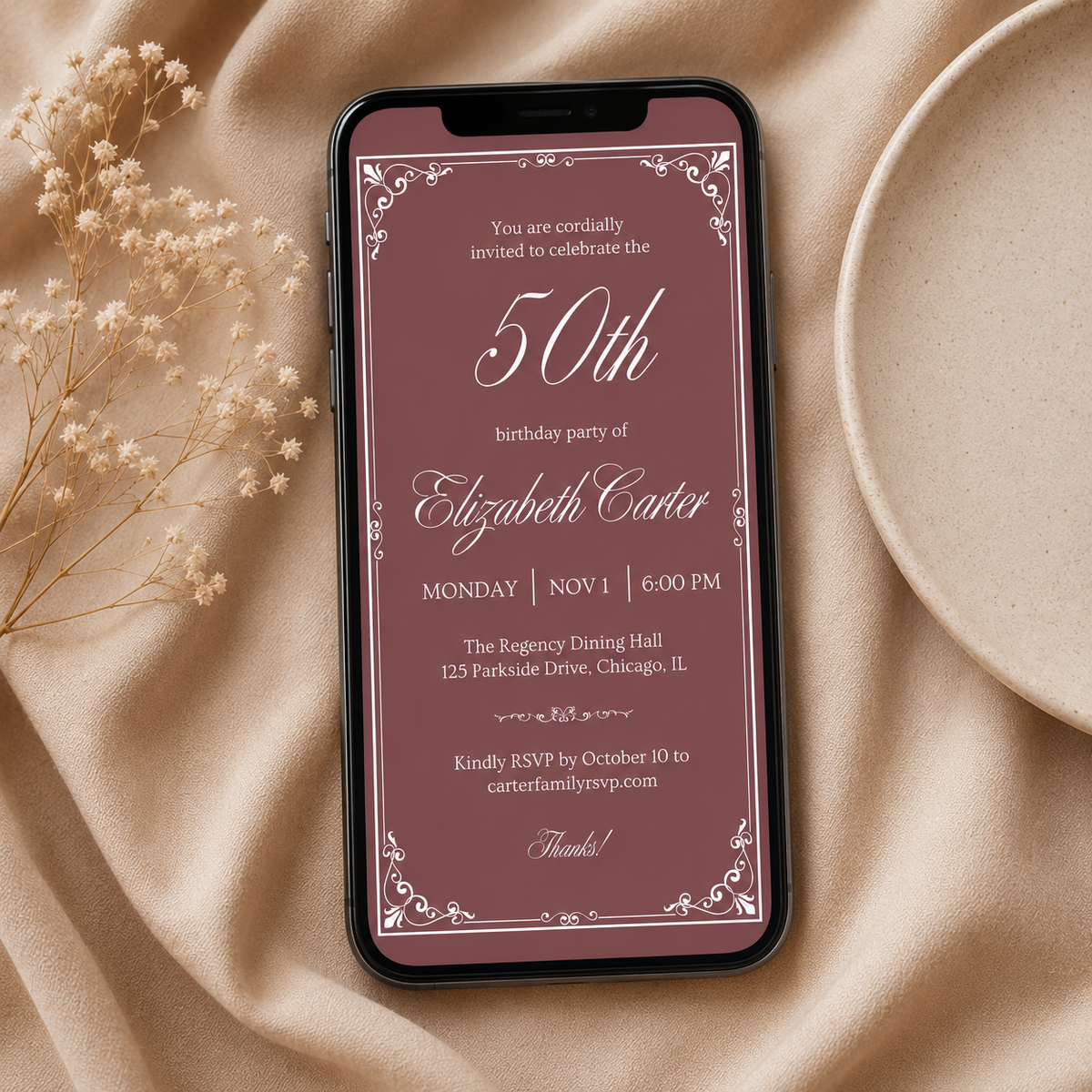 Printable milestone birthday invitation template with script numeral, editable in Canva