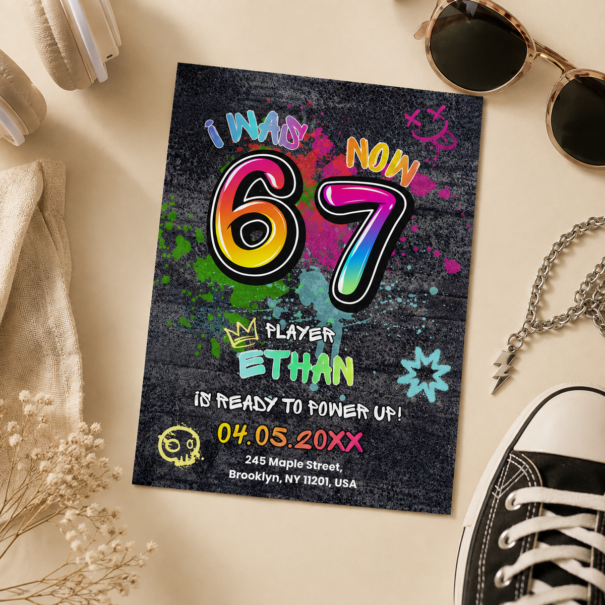 Graffiti 6 7 birthday invitation for boys with neon spray paint numbers on a dark wall