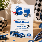 Race car 6 7 birthday invitation for boys with checkered flags and a blue racer