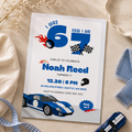 Printable 67 racing birthday invitation with helmet and finish line, editable in Canva