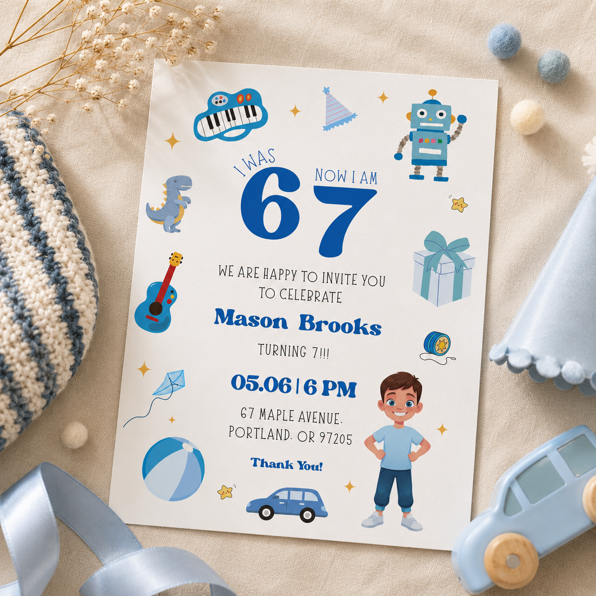 Printable 67 toys birthday invitation with guitar, kite and beach ball, editable in Canva