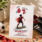 Printable 67 football birthday invitation with painted splashes and a soccer ball
