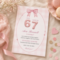 Pink bow 6 7 birthday invitation for girls in blush gingham with an oval frame