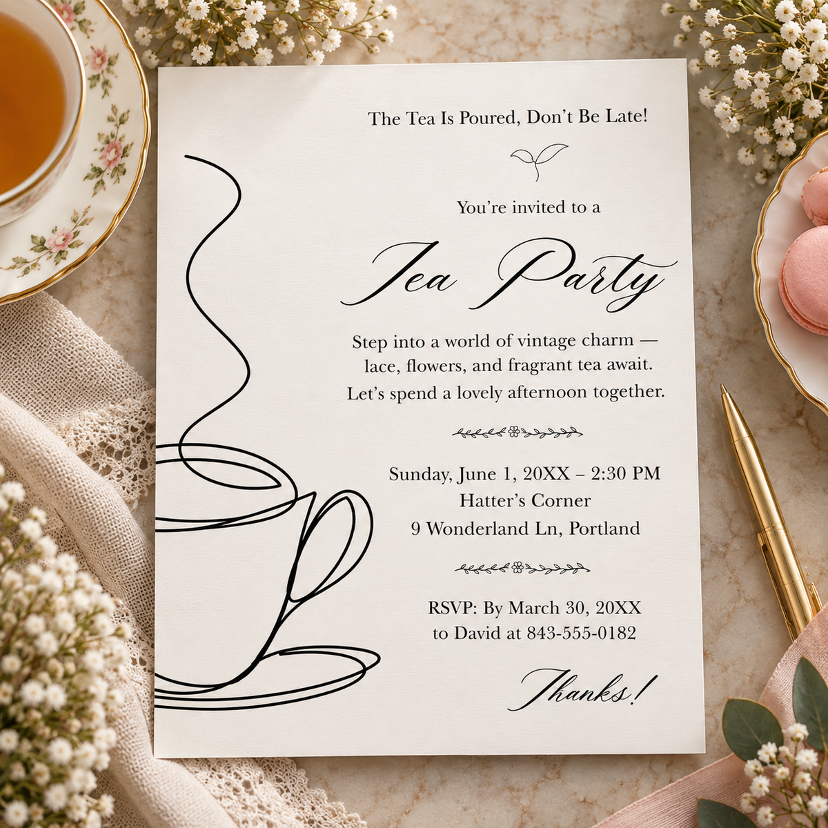 Modern tea party invitation printable template with oversized line art teacup