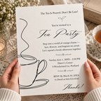 Line art teacup tea party invitation shown printed at 8.5 x 11 inches on cardstock