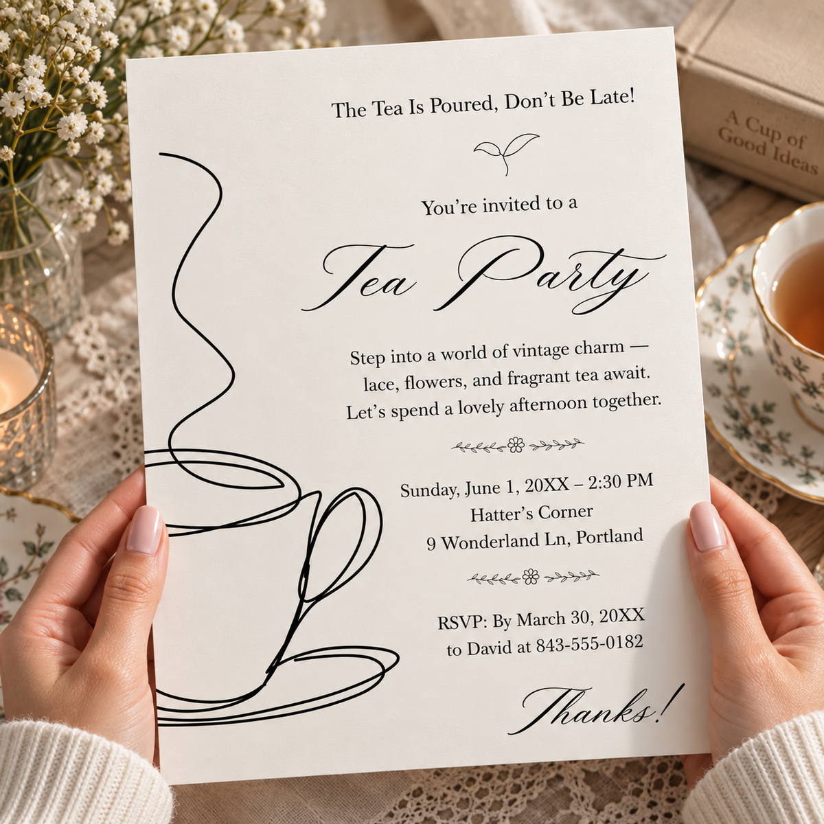 Line art teacup tea party invitation shown printed at 8.5 x 11 inches on cardstock