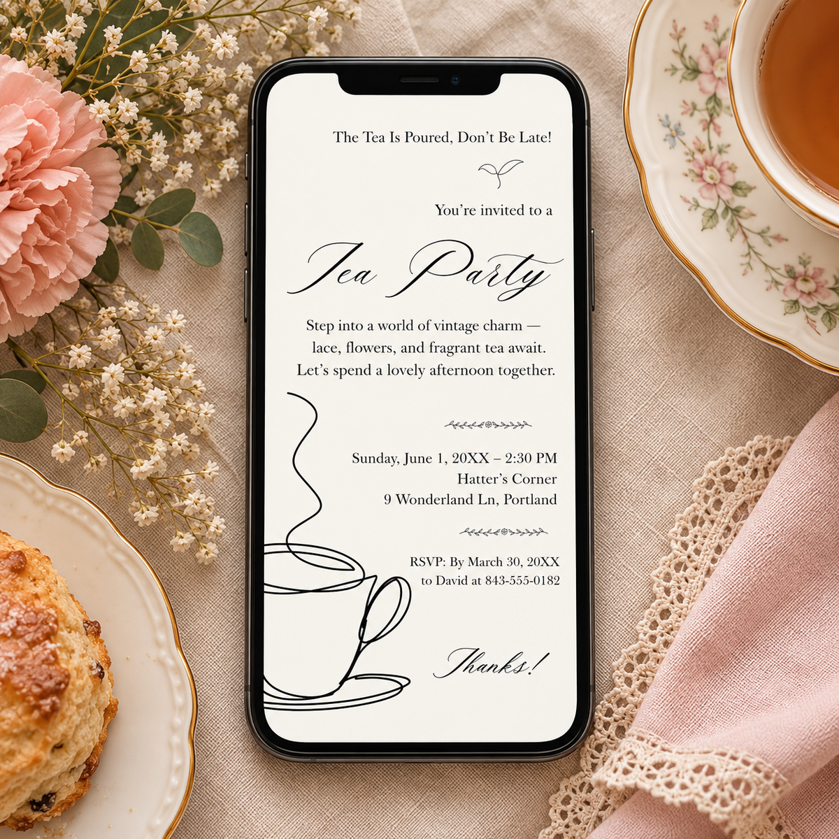Modern teacup tea party e-vite in phone size for sending by message