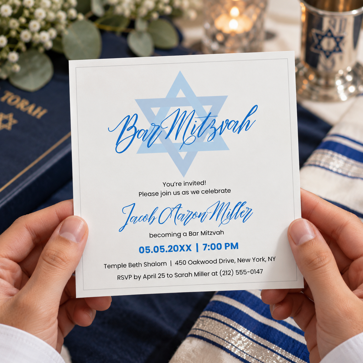 Star of David bar mitzvah invitation shown printed as a square card on cardstock