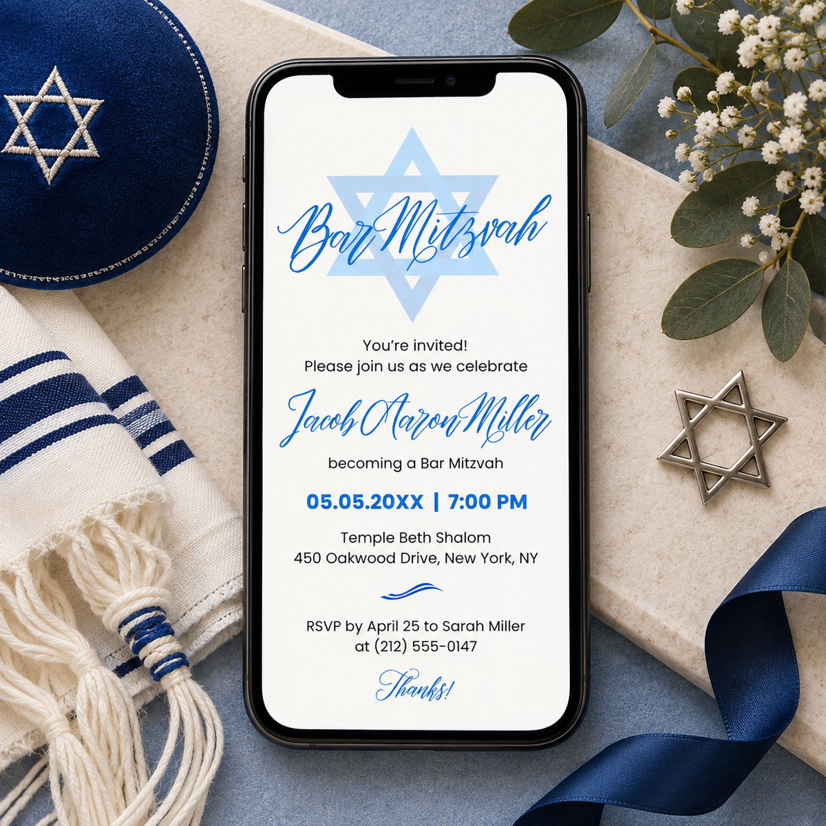 Bar mitzvah e-vite in phone size for sending by message, blue Star of David design