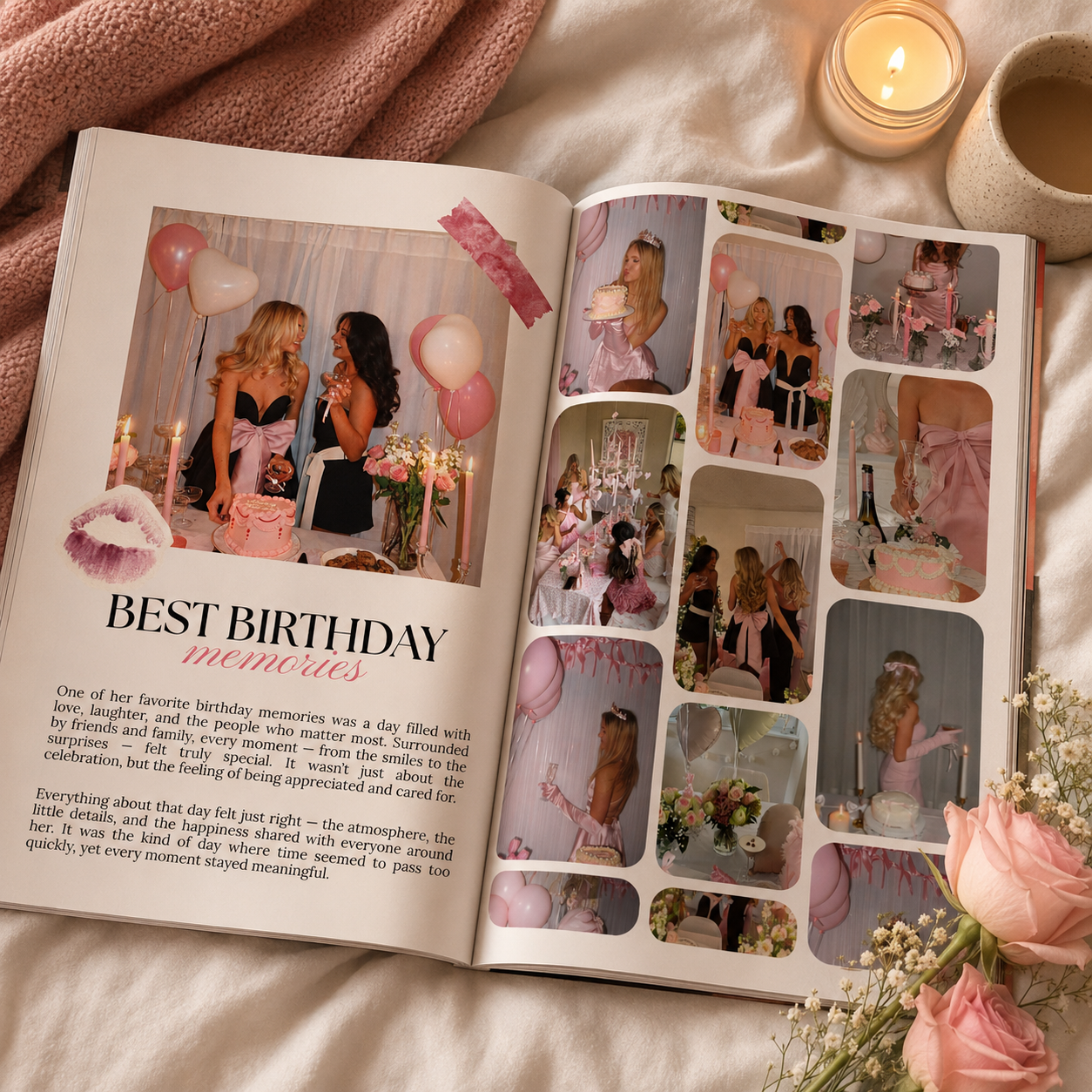 Printable birthday magazine pages in pink coquette style, editable in Canva