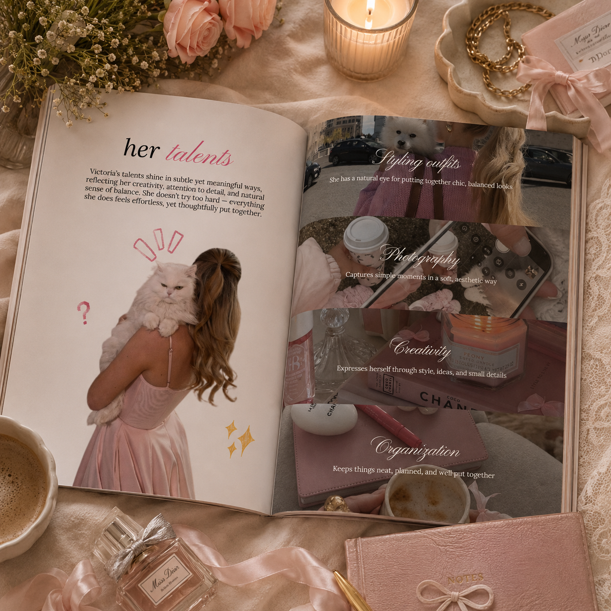 Inside spreads of the pink coquette birthday magazine template