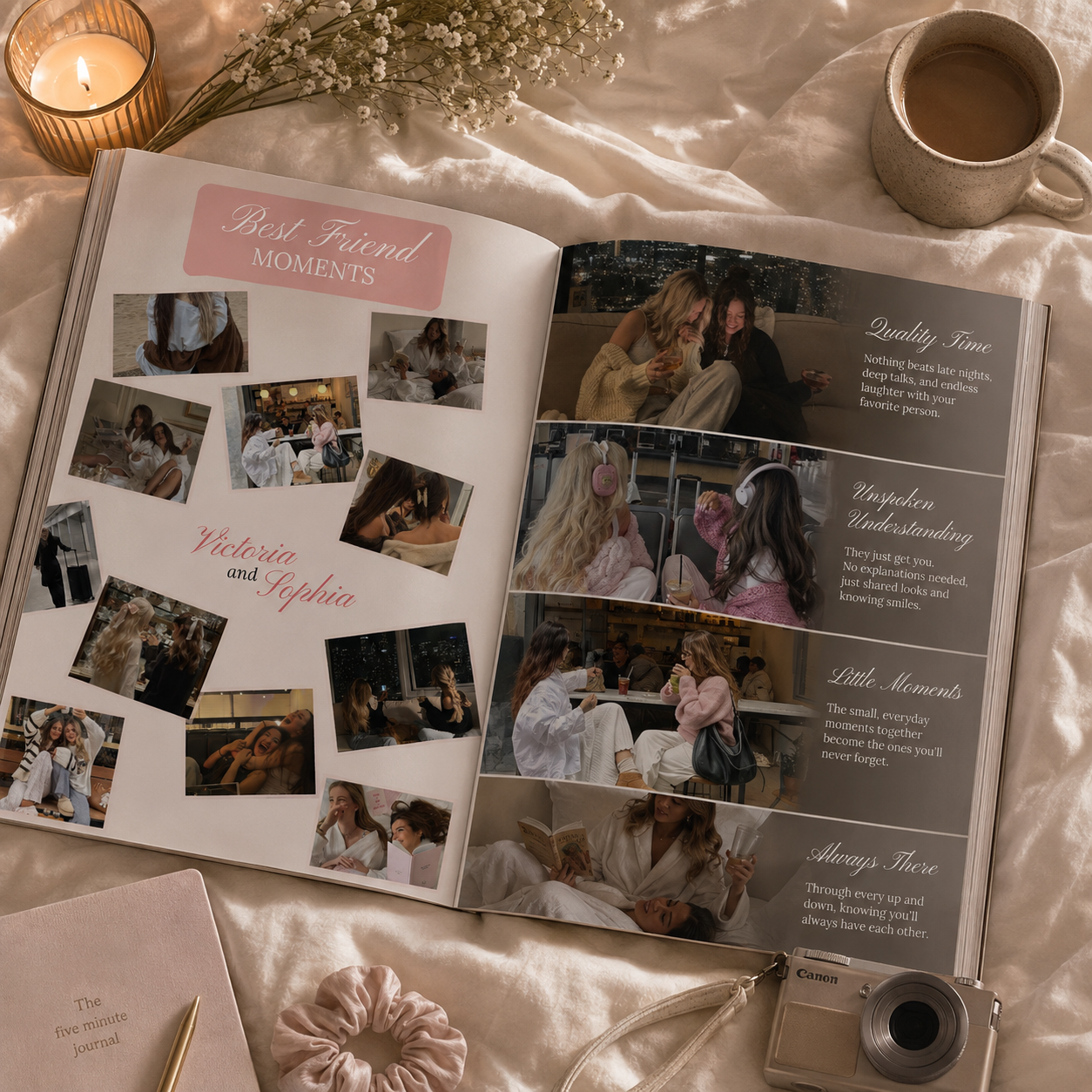 Pages from the pink coquette birthday magazine printable Canva template
