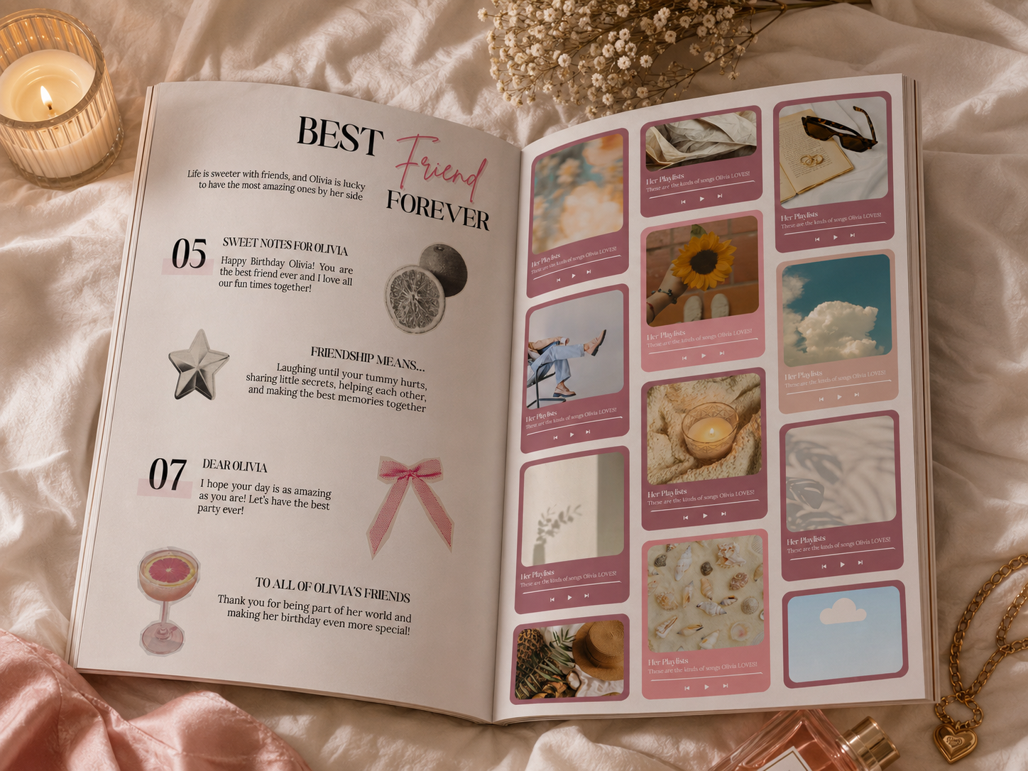 Inside spreads of the printable birthday magazine with friends and family shoutouts