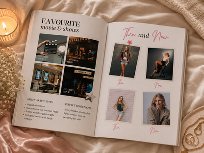 Birthday magazine template pages with favourites, dream day and photo collages