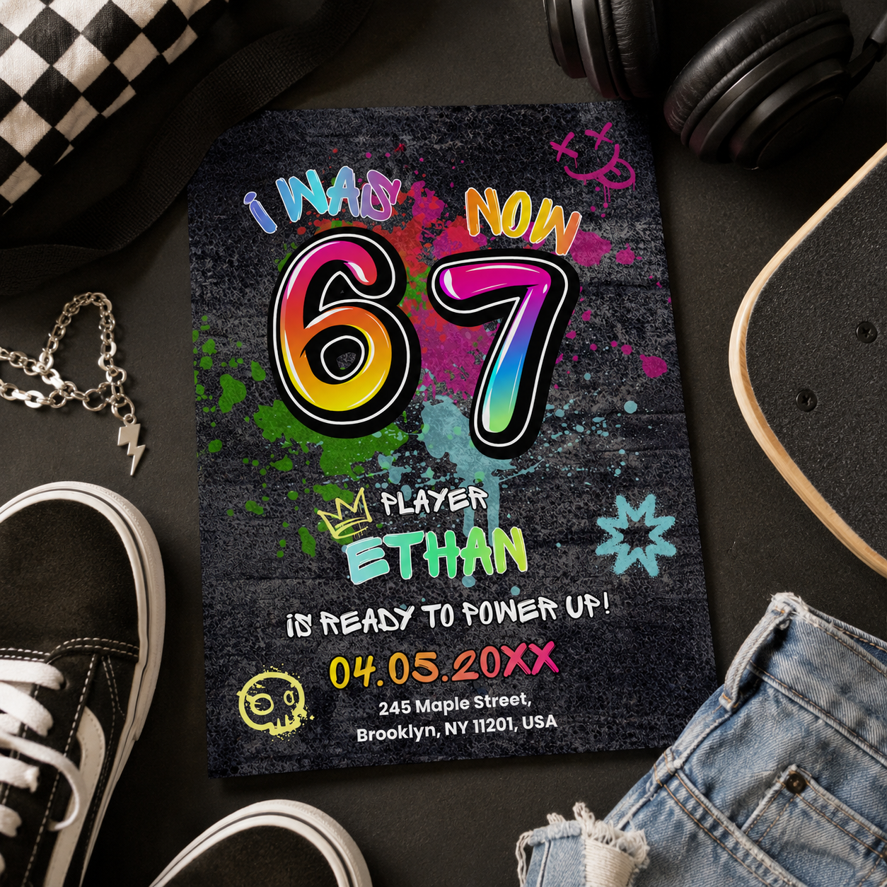 Printable 67 birthday invitation template in graffiti street style, editable in Canva