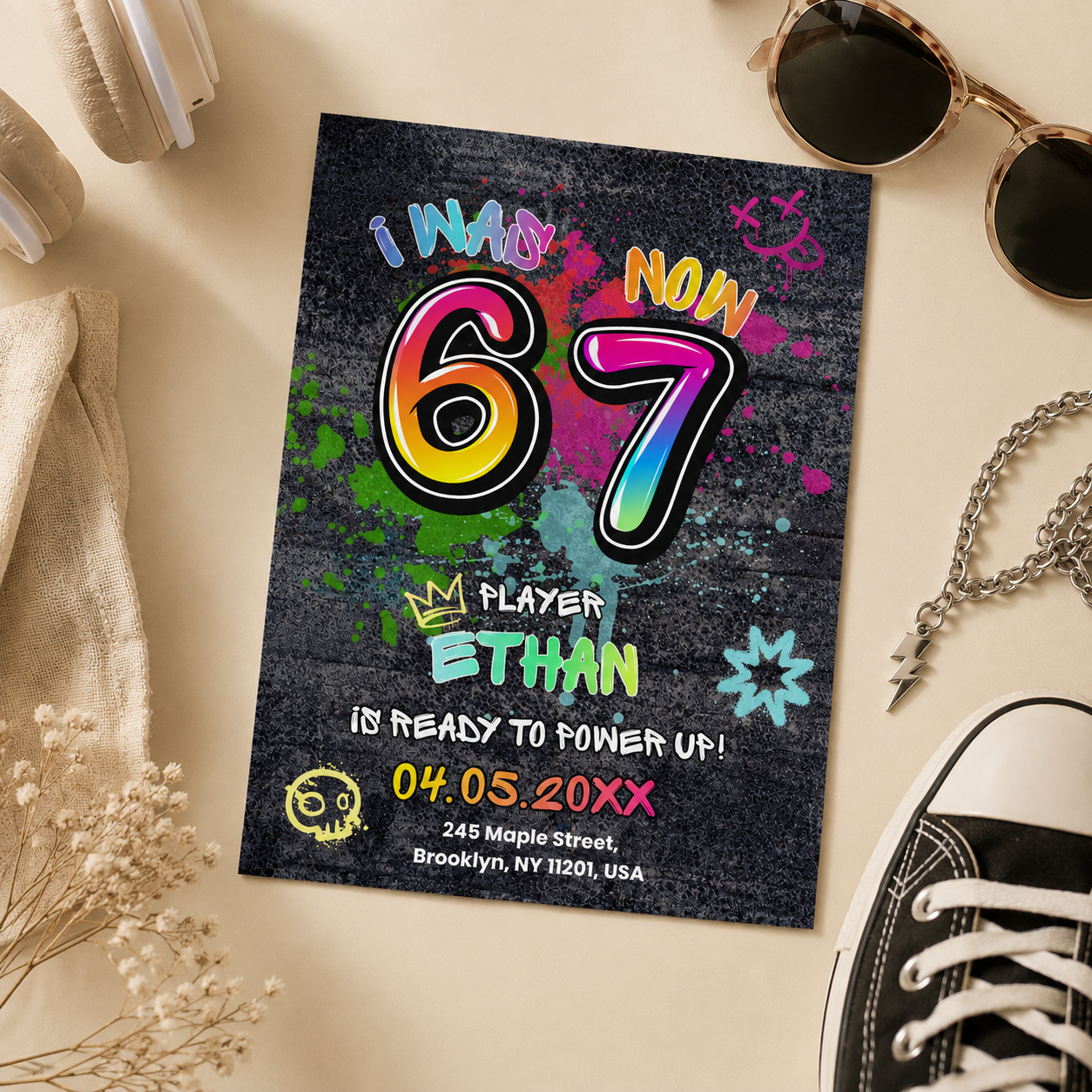 Graffiti 6 7 birthday invitation for boys with neon spray paint numbers on a dark wall