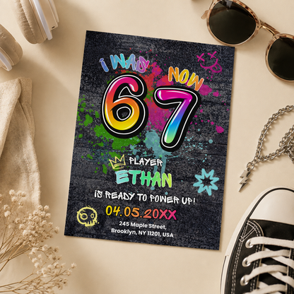 Graffiti 6 7 birthday invitation for boys with neon spray paint numbers on a dark wall