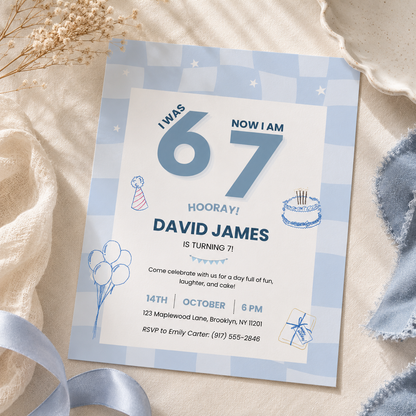 Blue 7th birthday invitation for boys with hand drawn cake and balloon doodles