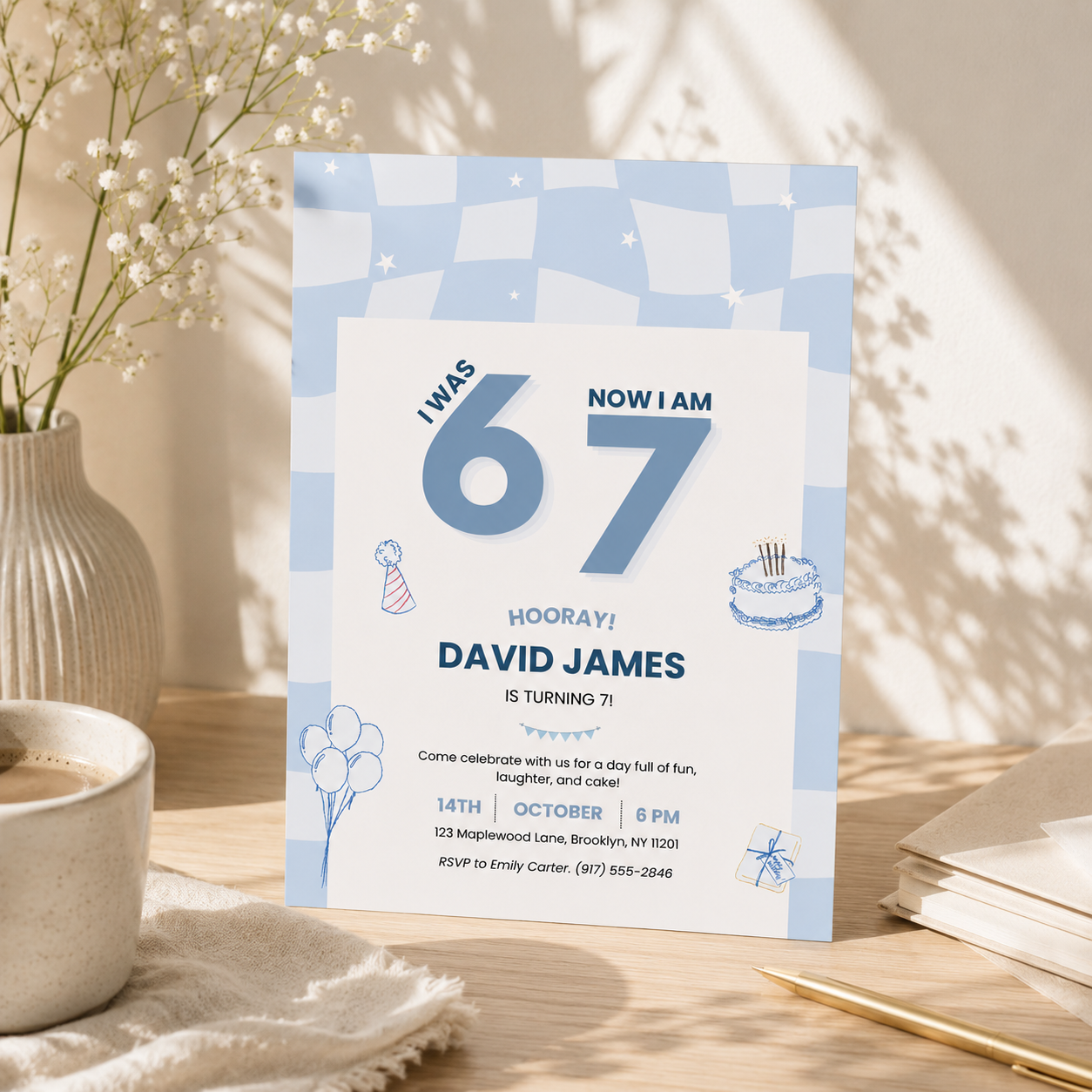 Printable 6 7 birthday invitation in soft blue checkerboard, editable Canva template