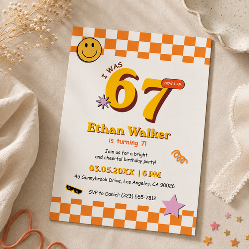 Printable 67 birthday invitation in groovy seventies style, editable Canva template