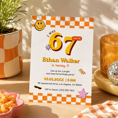 Retro 6 7 birthday invitation for boys in orange checkerboard with a smiley sticker