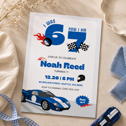Printable 67 racing birthday invitation with helmet and finish line, editable in Canva