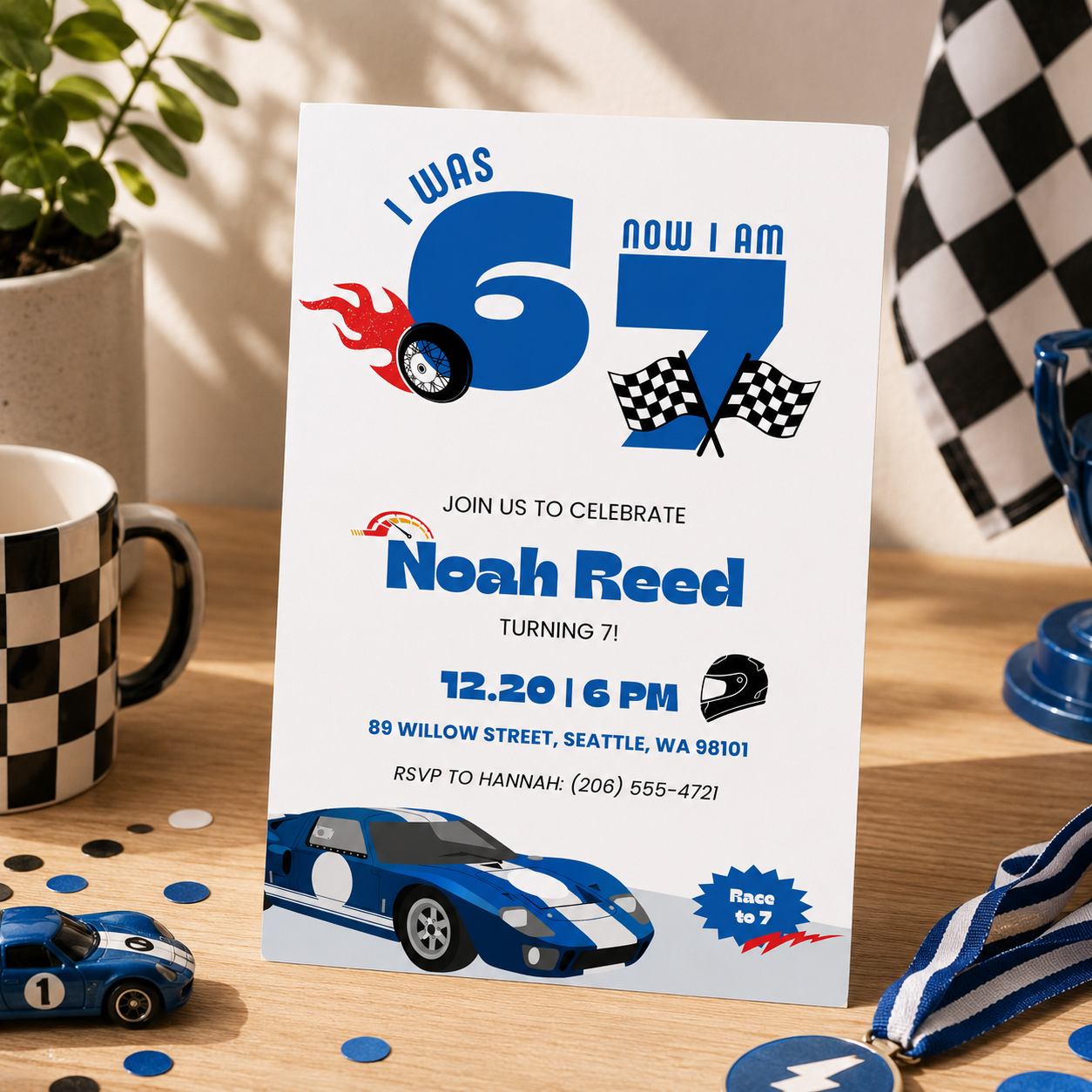 Race car 6 7 birthday invitation for boys with checkered flags and a blue racer