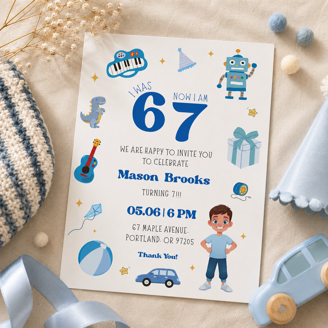 Printable 67 toys birthday invitation with guitar, kite and beach ball, editable in Canva