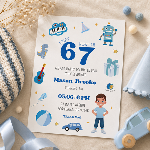 Printable 67 toys birthday invitation with guitar, kite and beach ball, editable in Canva