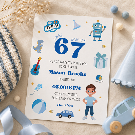 Printable 67 toys birthday invitation with guitar, kite and beach ball, editable in Canva