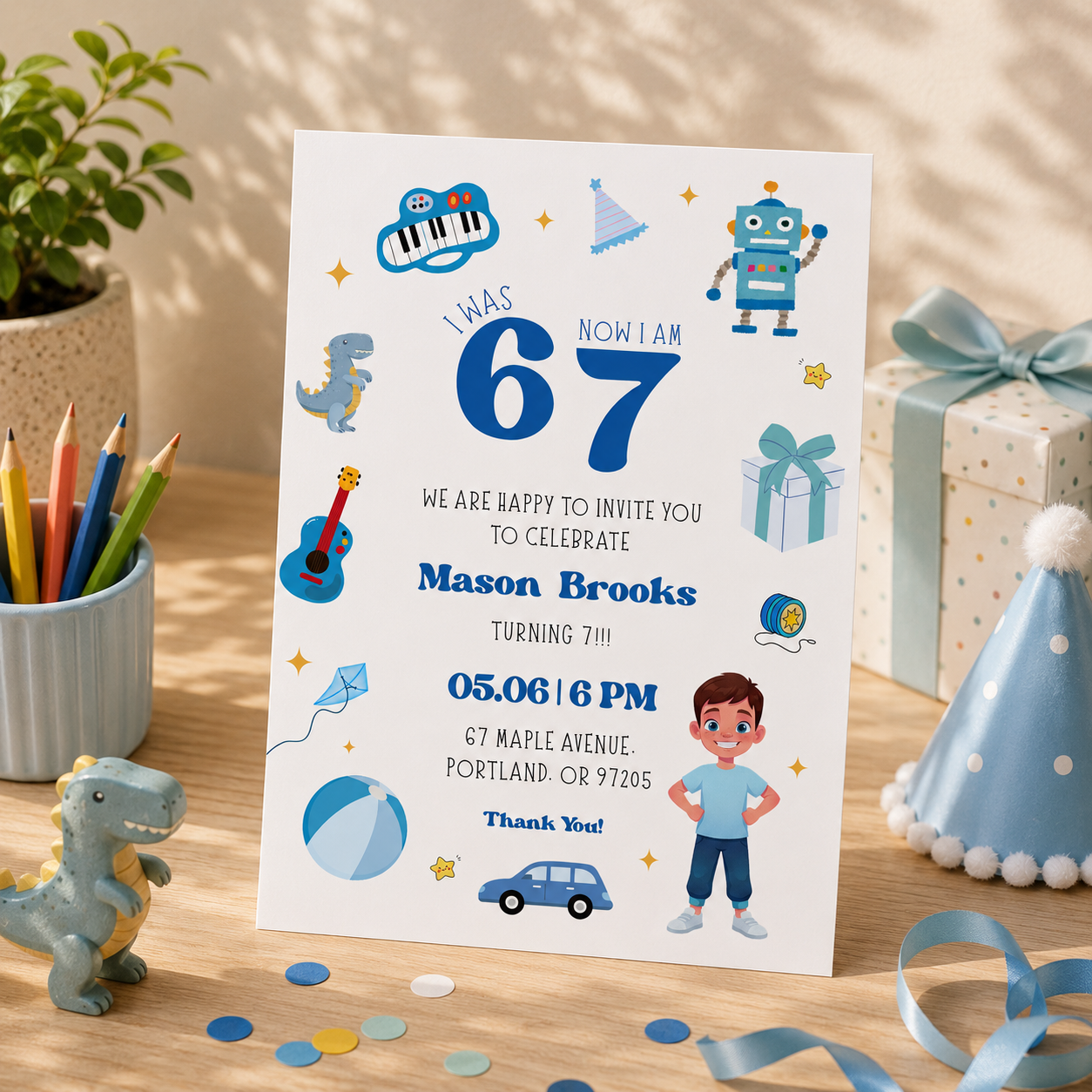 Robot 6 7 birthday invitation for boys with blue toys and a wind up robot