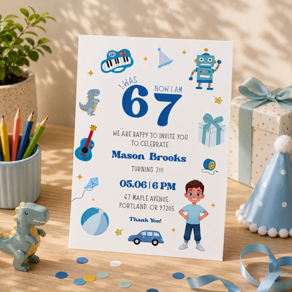 Robot 6 7 birthday invitation for boys with blue toys and a wind up robot