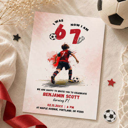 Soccer 6 7 birthday invitation for boys with a watercolour player in red and black
