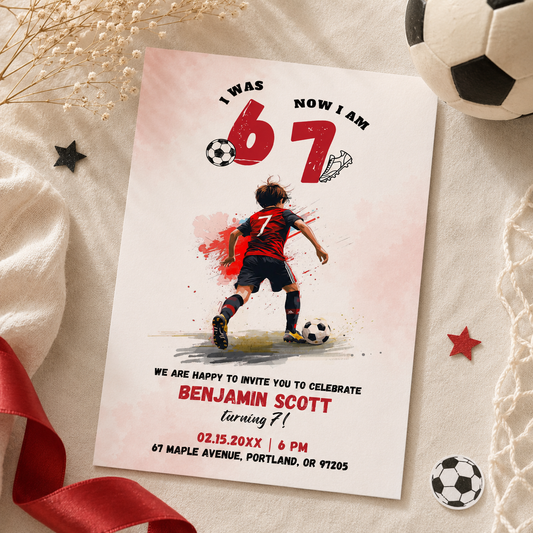 Soccer 6 7 birthday invitation for boys with a watercolour player in red and black
