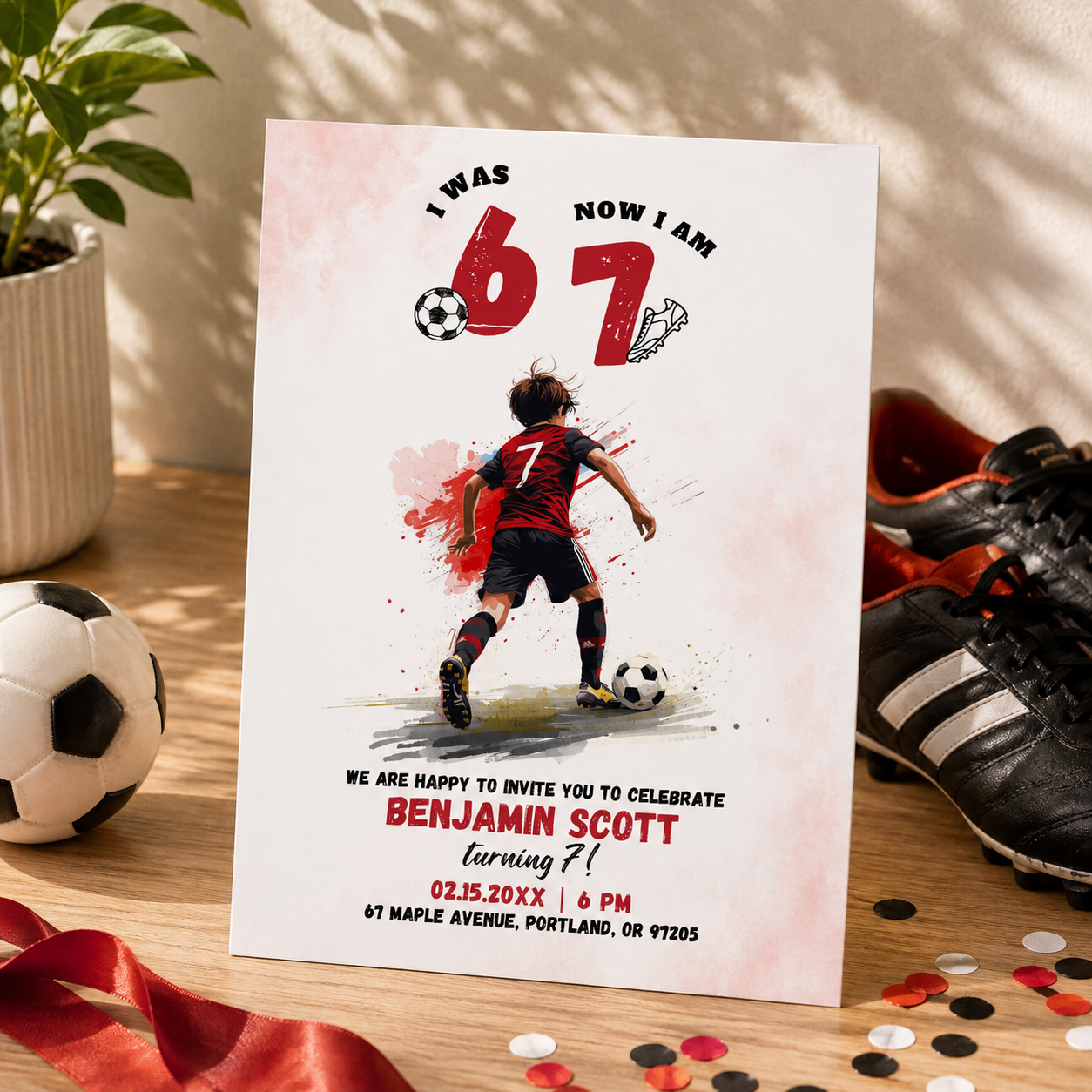 Printable 67 football birthday invitation with painted splashes and a soccer ball