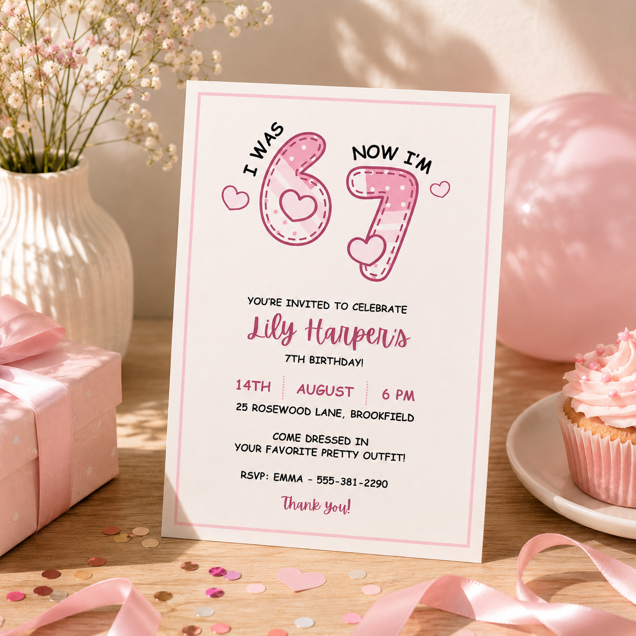 Printable 67 birthday invitation for a girl turning 7 in pink polka dots, editable in Canva