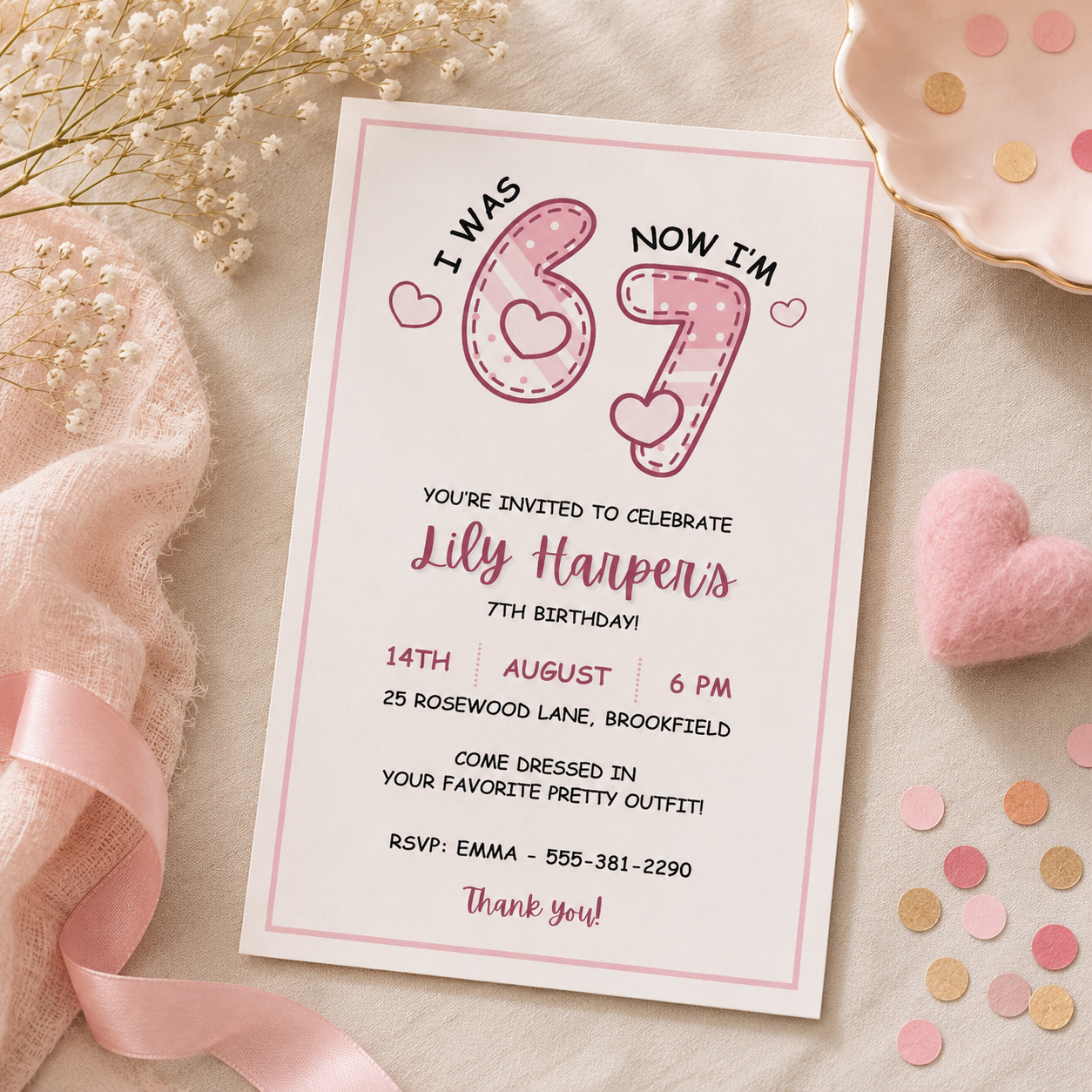 Pink 6 7 birthday invitation for girls with stitched numbers and hearts