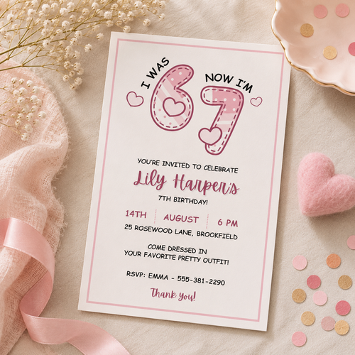 Pink 6 7 birthday invitation for girls with stitched numbers and hearts