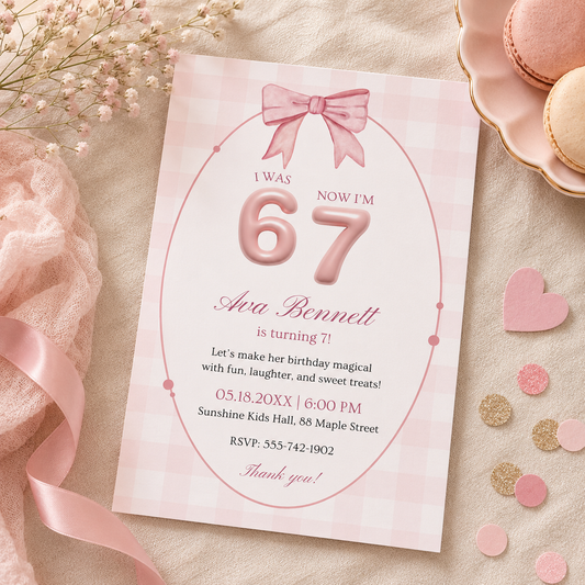 Pink bow 6 7 birthday invitation for girls in blush gingham with an oval frame